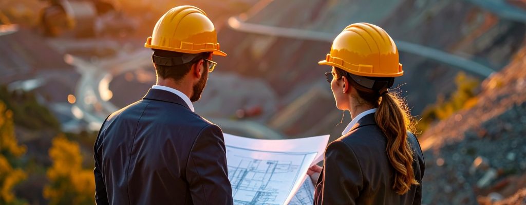 business people on a mining site with hard hats on, holdi ng blueprint